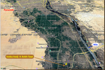 Inᵊbū-hëdꞋyᵊ renamed Ankh-Tã•wi (later Memphis; Google Earth)